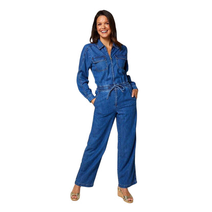 Blue - Front - Biba Womens-Ladies Denim Loose Fit Long-Sleeved Jumpsuit
