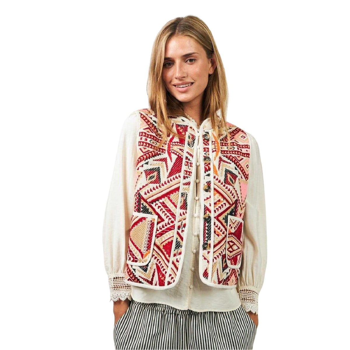 Red - Side - Lollys Laundry Womens-Ladies Geometric Pattern Regular Waistcoat