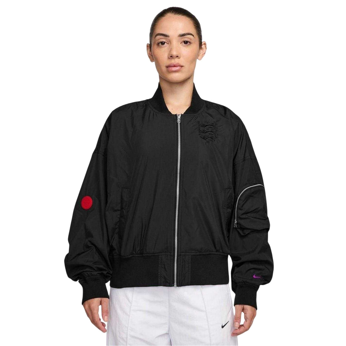 Black-Purple - Front - Nike Womens-Ladies Emblem Mesh Lining Bomber Jacket