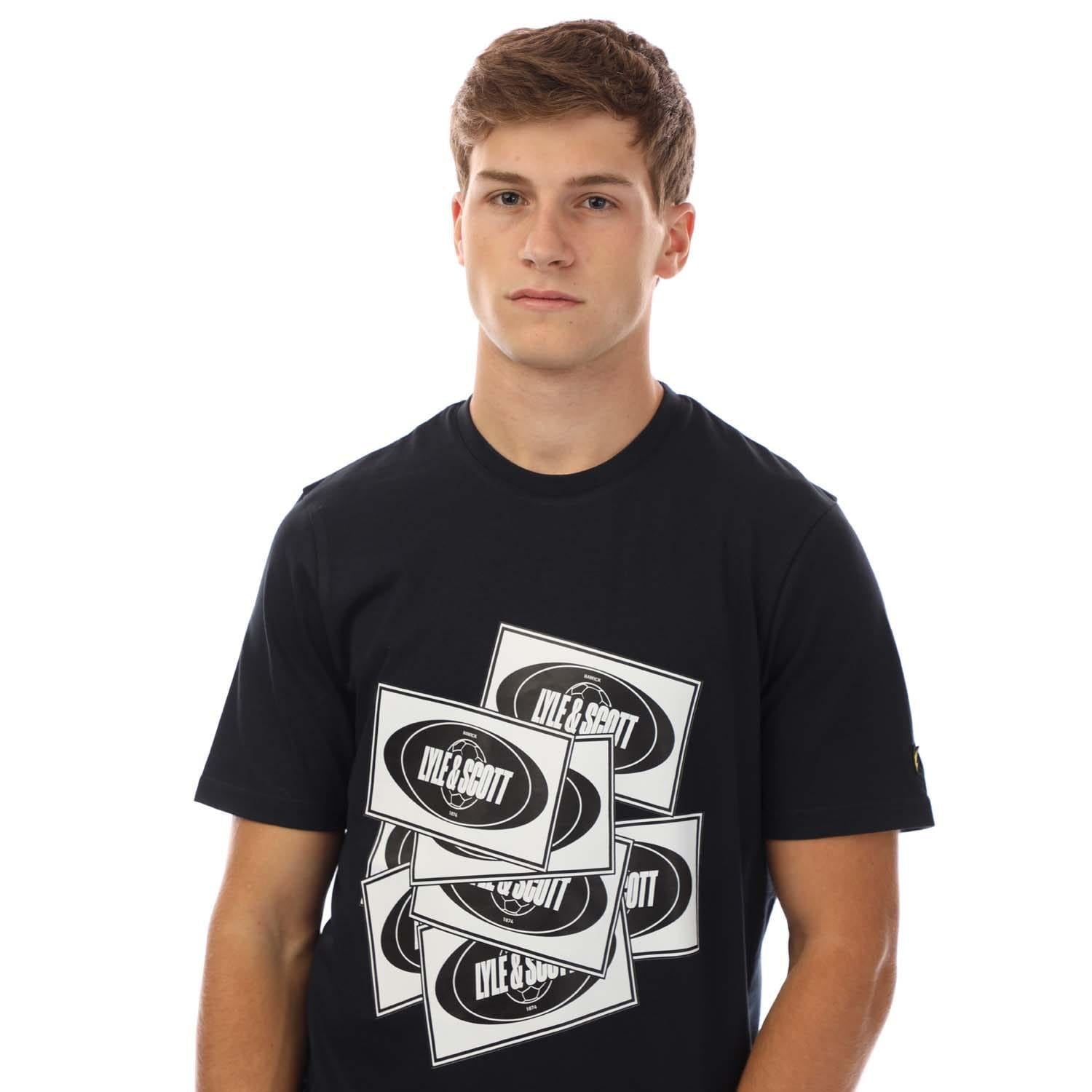 Navy - Side - Lyle & Scott Mens Football Sticker T-Shirt