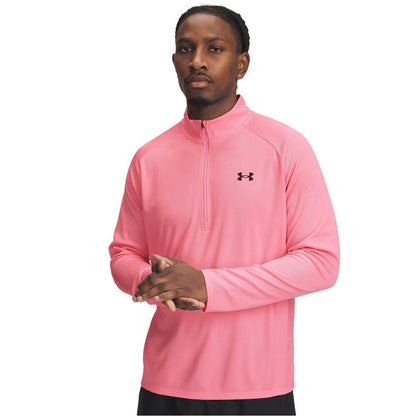 Pink - Side - Under Armour Mens Tech Textured Half Zip Top