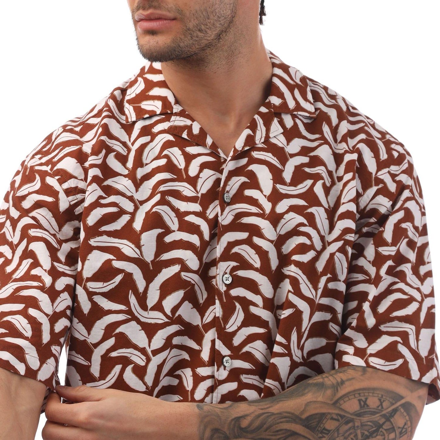 Brown - Side - Boss Mens Lello Leaf Print Shirt