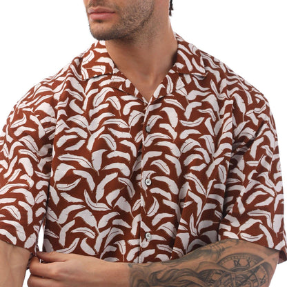 Brown - Side - Boss Mens Lello Leaf Print Shirt