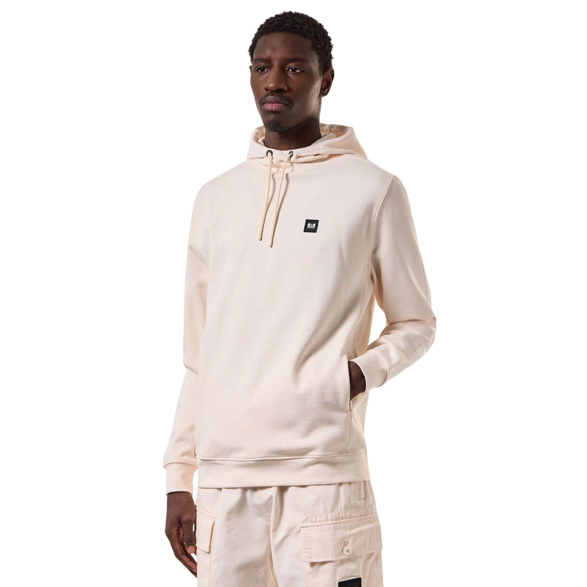 Cream - Pack Shot - Weekend Offender Mens Ribbed Ribbed Badge Hoodie