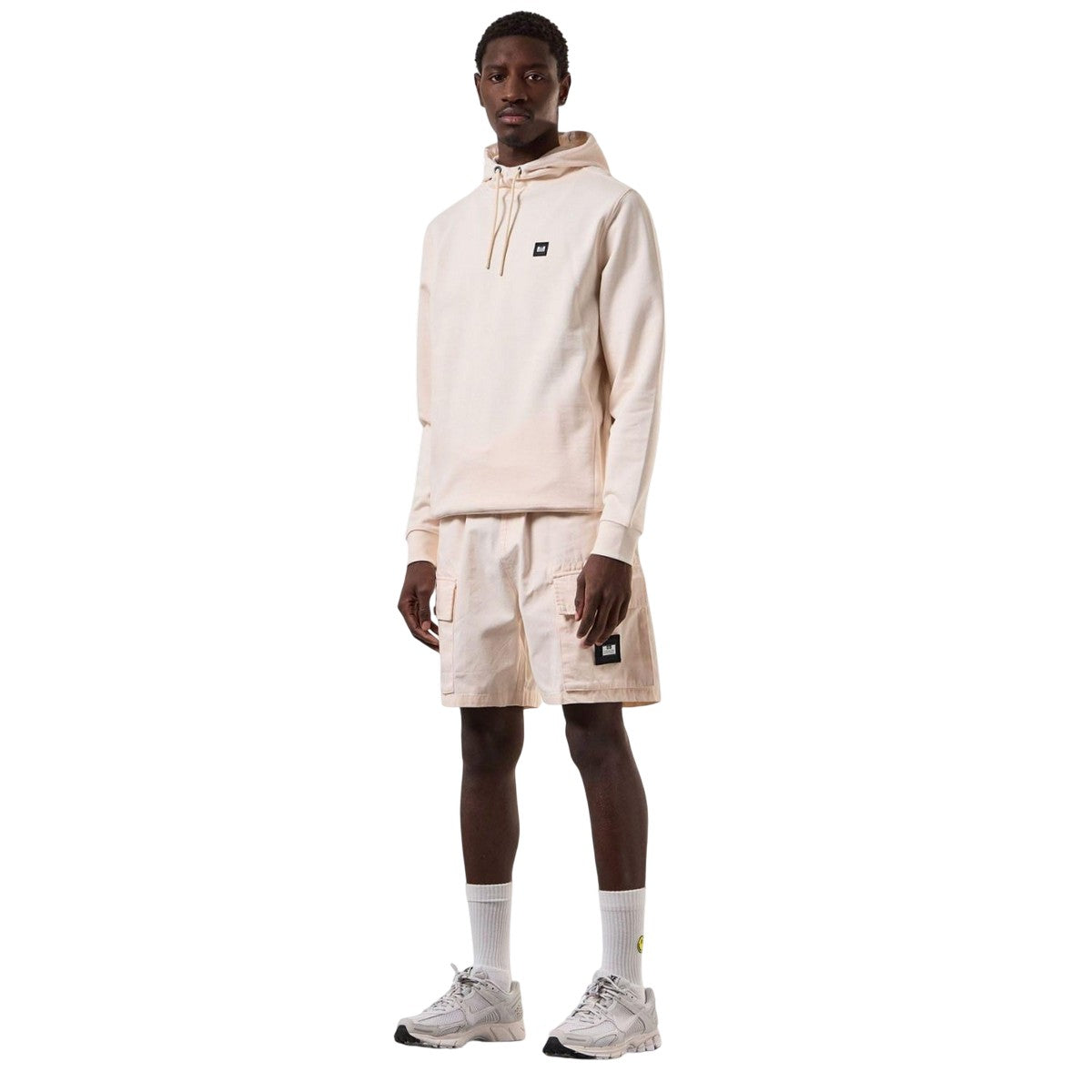 Cream - Close up - Weekend Offender Mens Ribbed Ribbed Badge Hoodie