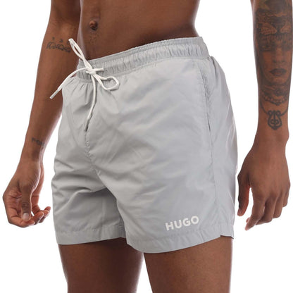 Grey - Side - Hugo Mens Haiti Contrast Logo Drawstring Swim Shorts