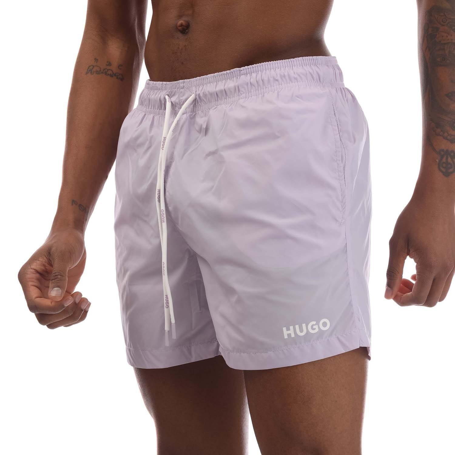 Purple - Side - Hugo Mens Haiti Contrast Logo Drawstring Swim Shorts