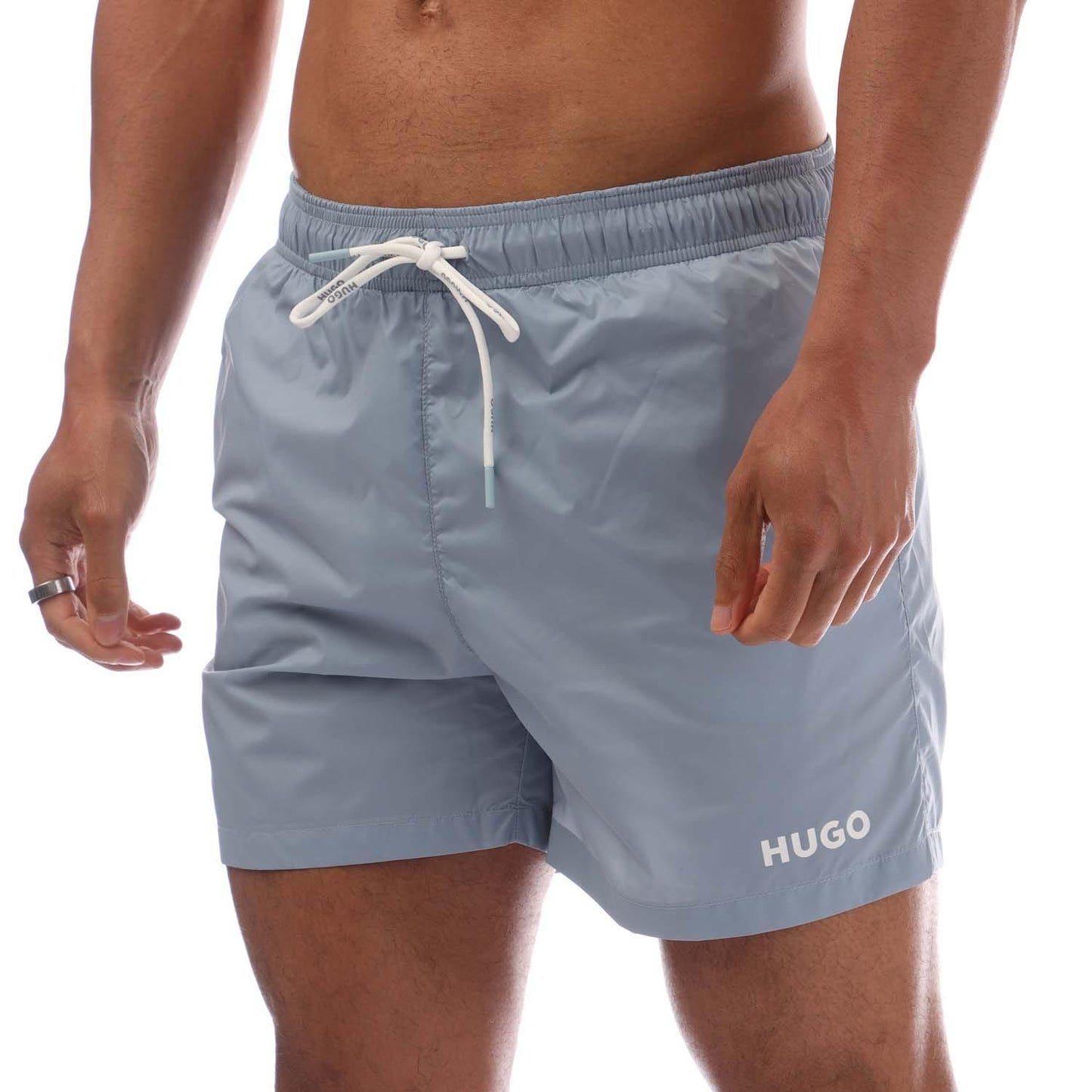 Blue - Side - Hugo Mens Haiti Contrast Logo Drawstring Swim Shorts