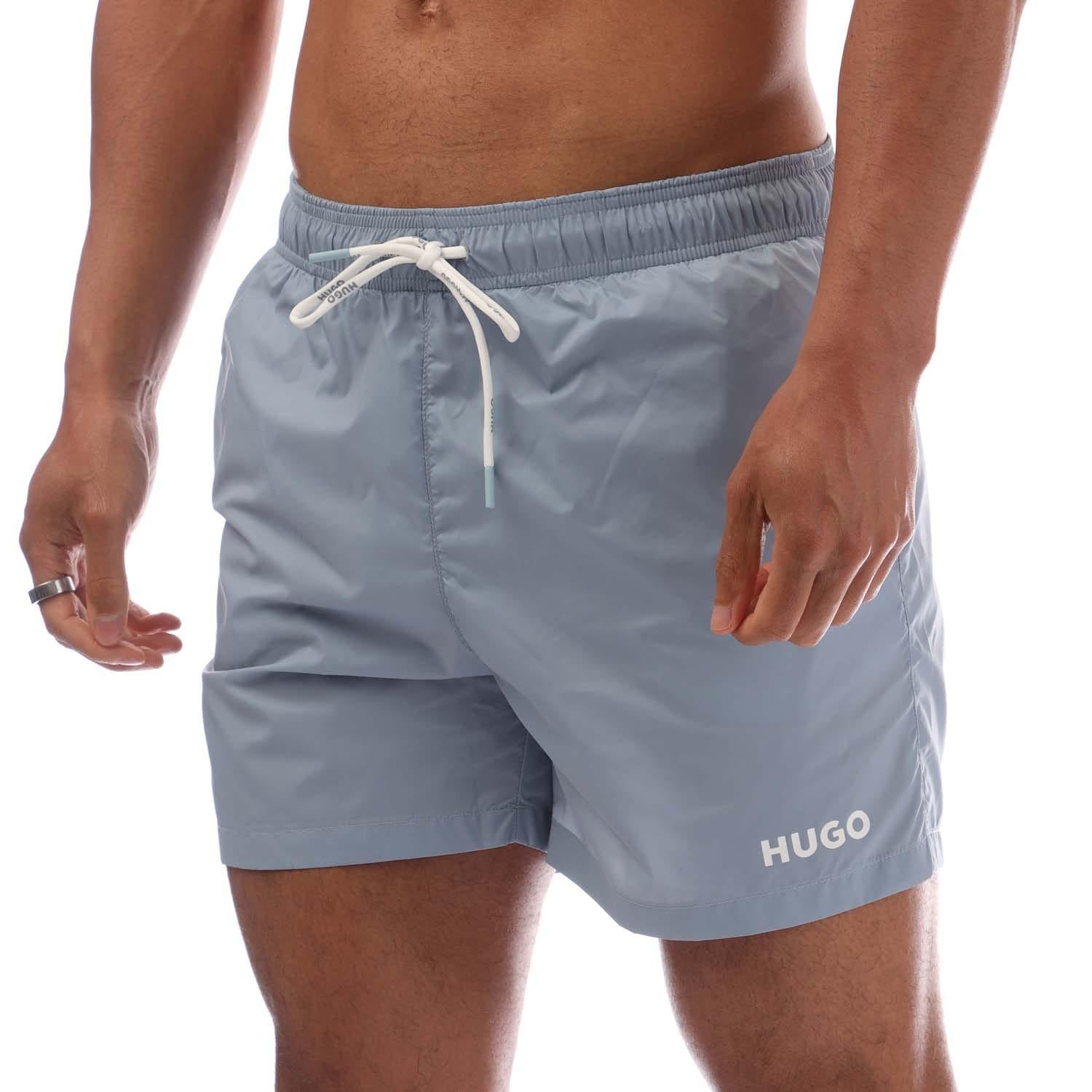 Blue - Side - Hugo Mens Haiti Contrast Logo Drawstring Swim Shorts