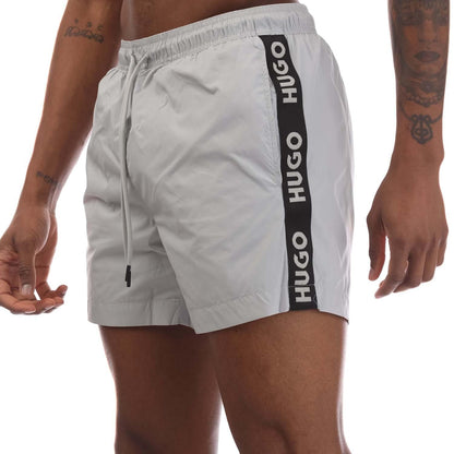 Grey - Side - Hugo Mens Fab Tape Logo Swim Shorts