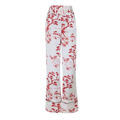 White-Red - Back - Off White Womens Ladies Tropical Toile Wide Leg Pyjama Bottoms