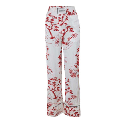 White-Red - Front - Off White Womens Ladies Tropical Toile Wide Leg Pyjama Bottoms