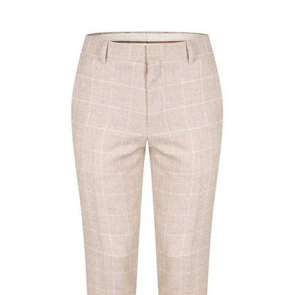 Beige - Side - Boss Womens Ladies Plaid Tailored Suit Trousers