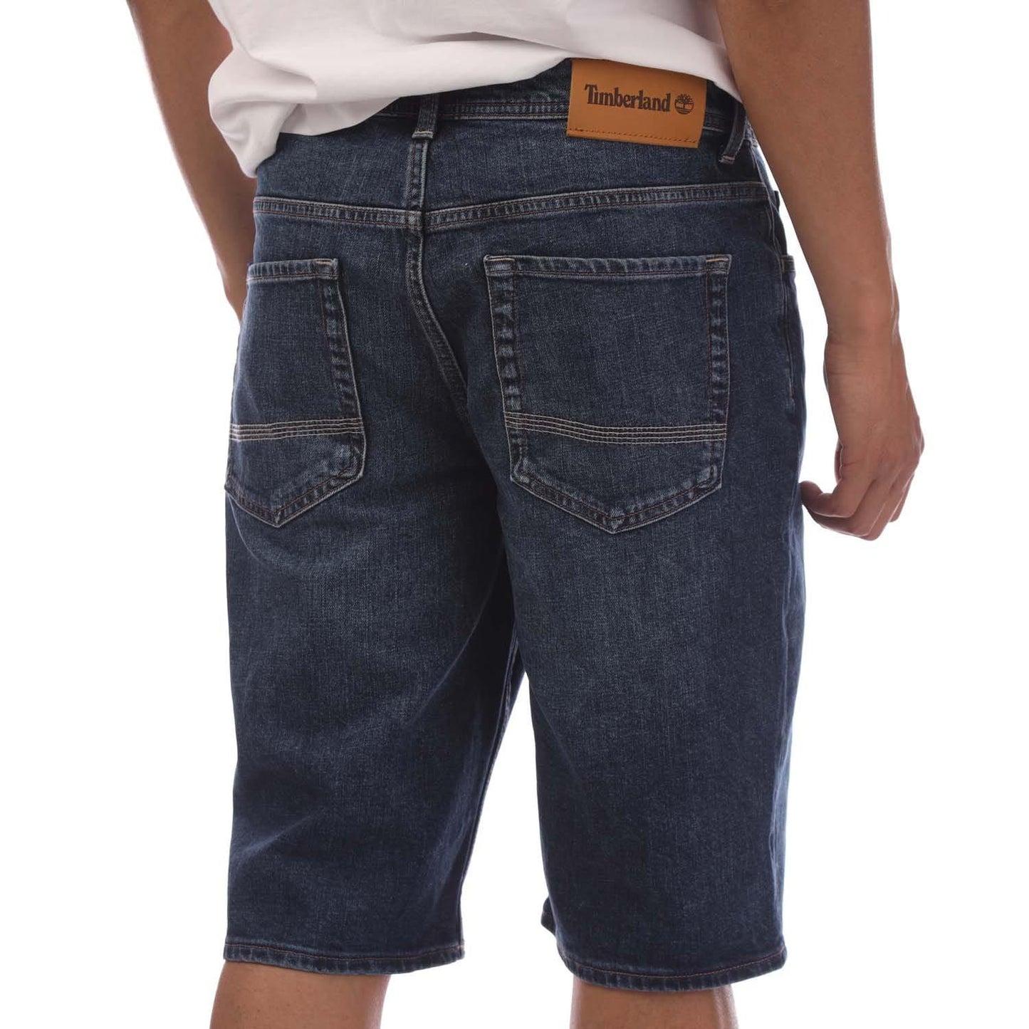 Blue - Back - Timberland Mens Denim Leather Patch Shorts