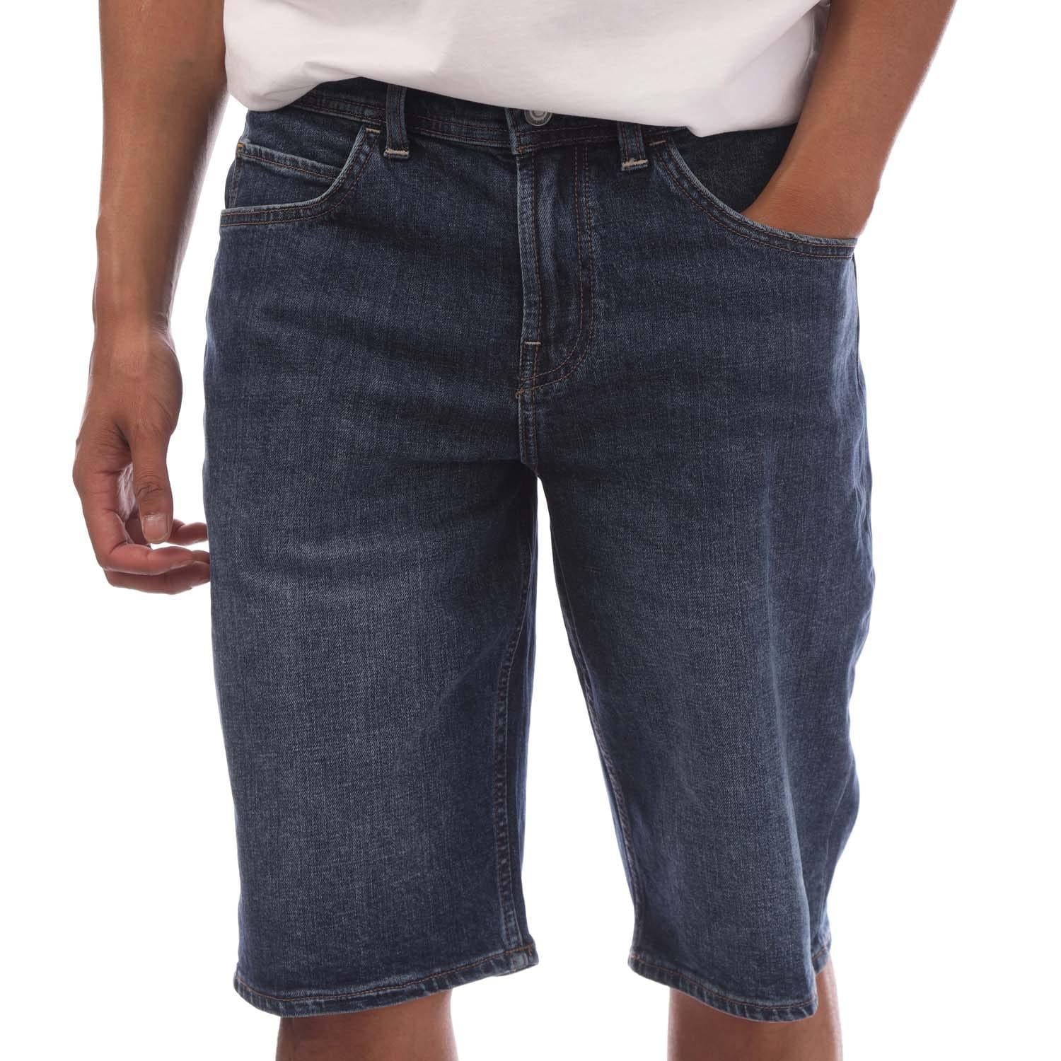 Blue - Front - Timberland Mens Denim Leather Patch Shorts