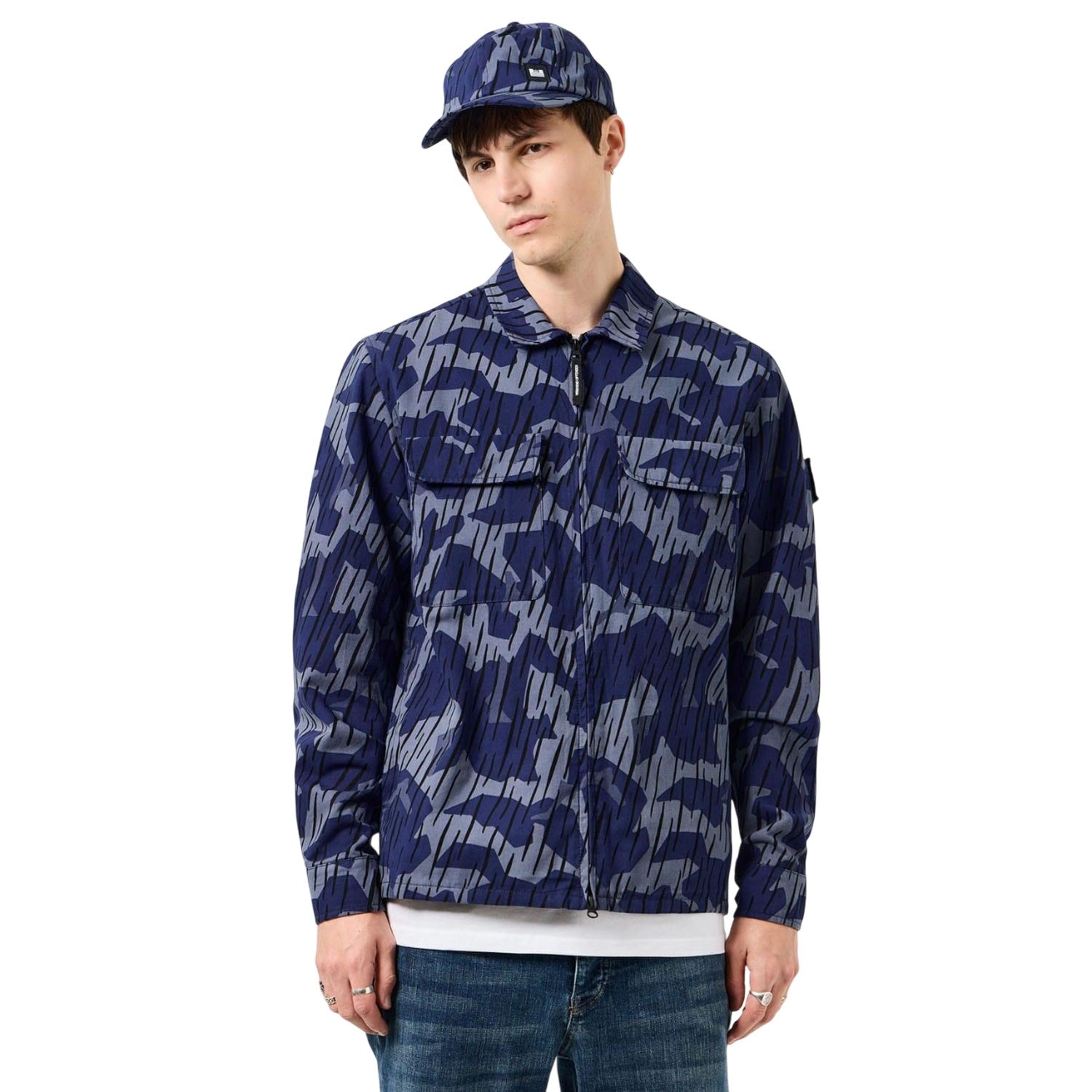 Navy - Close up - Weekend Offender Mens Waya Camo Full Zip Overshirt