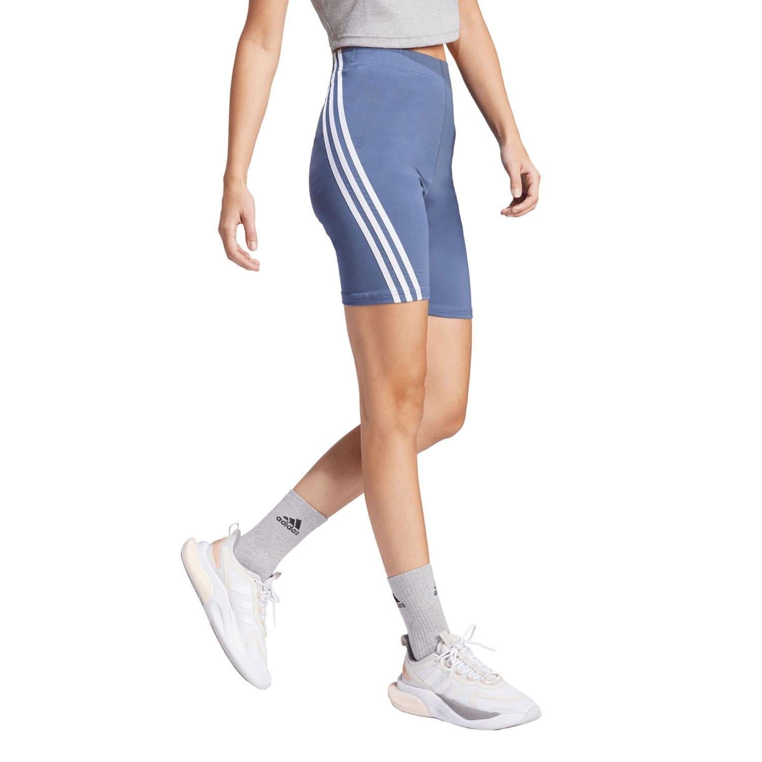 Blue - Side - Adidas Womens-Ladies Future Icons 3 Stripes Biker Shorts