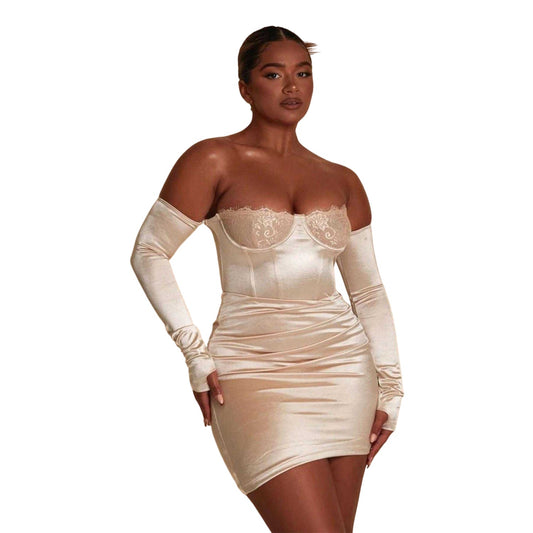 Cream - Front - Mars The Label Womens-Ladies Metallic Extra-Slim Long-Sleeved Bodycon Dress