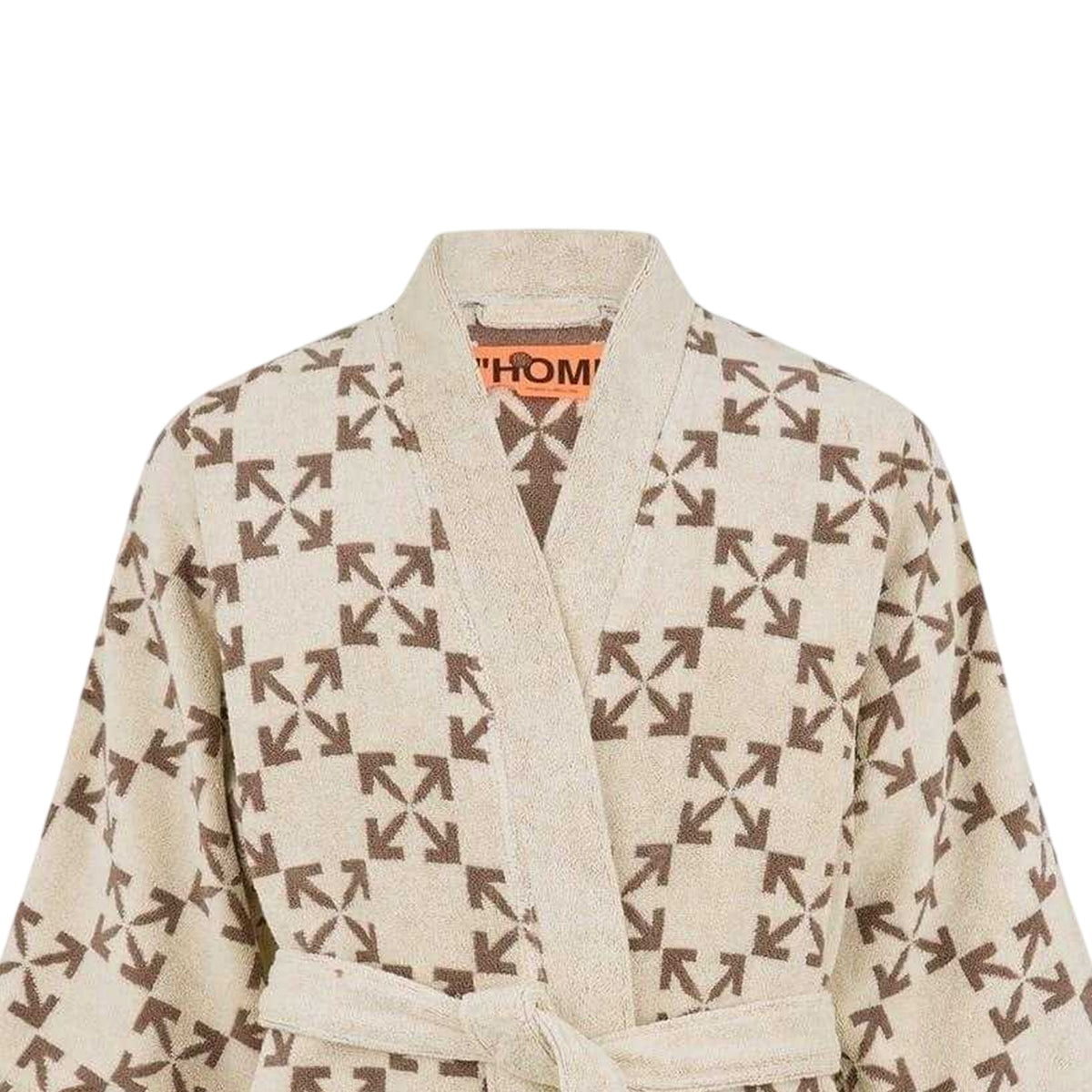 Cream-Taupe - Back - Off-White Unisex Adult Geometric Pattern Terrycloth Relaxed Fit Short-Sleeved Robe