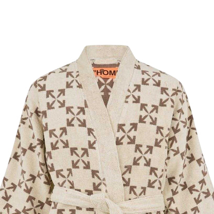 Cream-Taupe - Back - Off-White Unisex Adult Geometric Pattern Terrycloth Relaxed Fit Short-Sleeved Robe