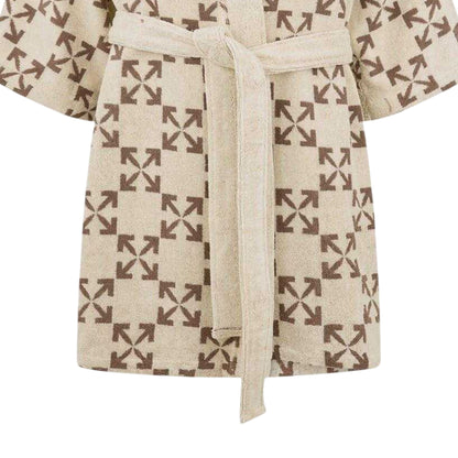 Cream-Taupe - Side - Off-White Unisex Adult Geometric Pattern Terrycloth Relaxed Fit Short-Sleeved Robe
