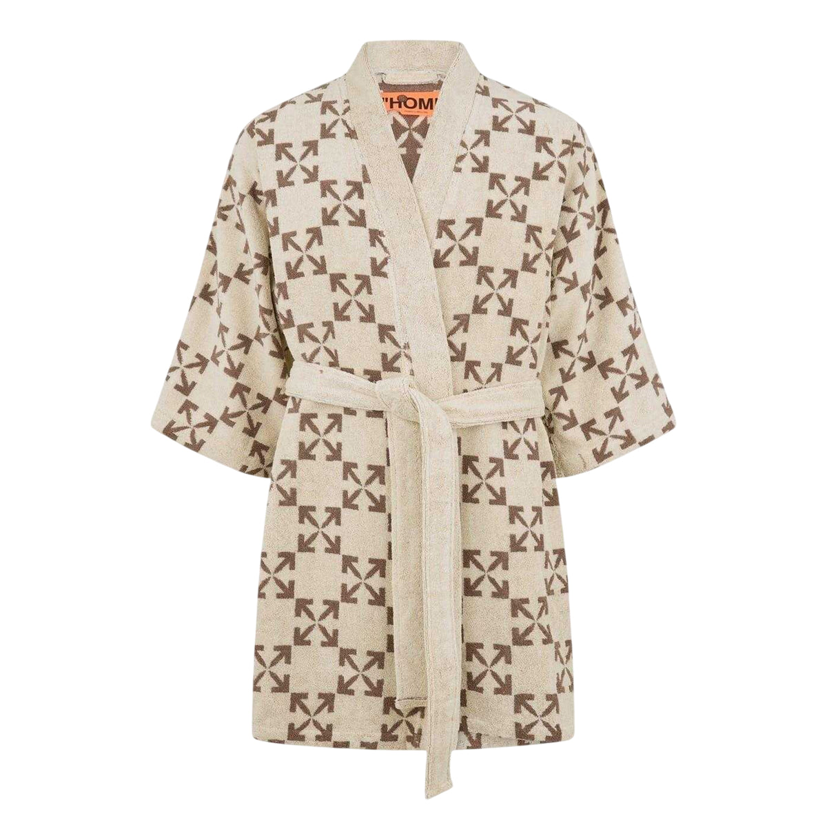 Cream-Taupe - Front - Off-White Unisex Adult Geometric Pattern Terrycloth Relaxed Fit Short-Sleeved Robe
