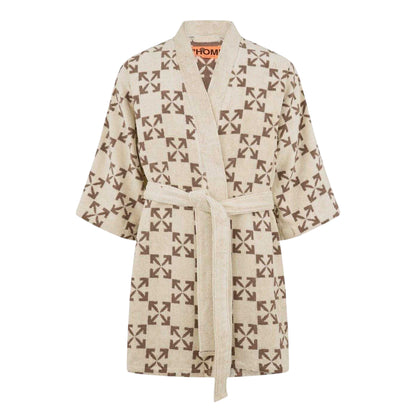 Cream-Taupe - Front - Off-White Unisex Adult Geometric Pattern Terrycloth Relaxed Fit Short-Sleeved Robe