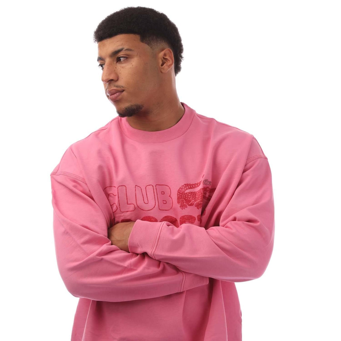 Pink - Side - Lacoste Mens Printed Vintage Round Neck Loose Fit Sweatshirt
