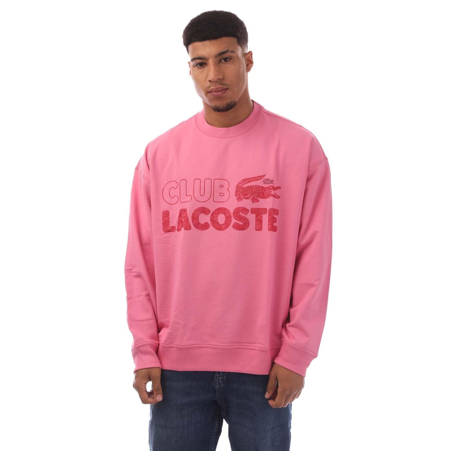 Pink - Front - Lacoste Mens Printed Vintage Round Neck Loose Fit Sweatshirt