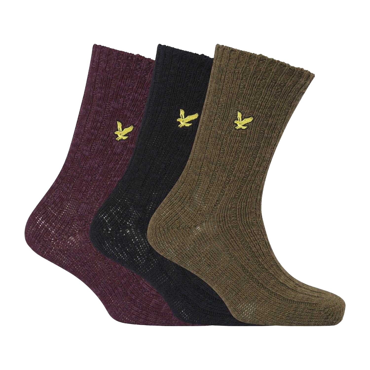 Black-Maroon-Green - Front - Lyle & Scott Mens Chunky Knit Socks (Pack of 3)
