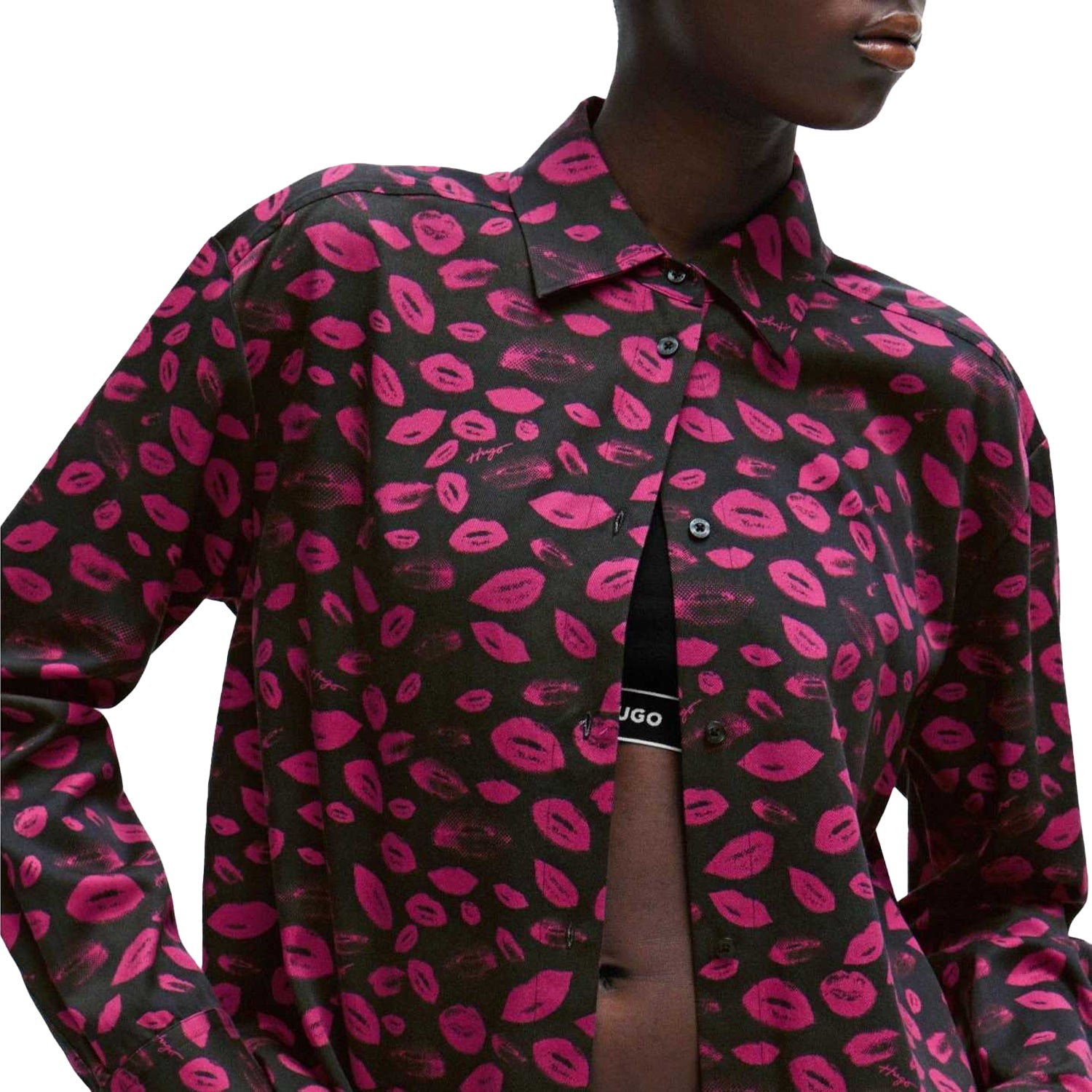 Black-Purple - Side - Hugo Womens-Ladies Relaxed Boyfriend Blouse