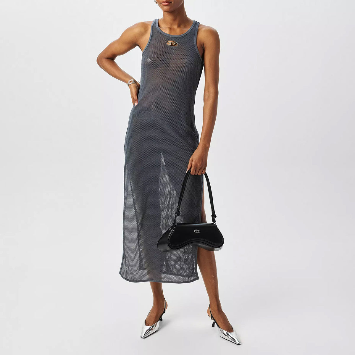 Grey - Close up - Diesel Womens Mesh Racerback Maxi Beach Coverup
