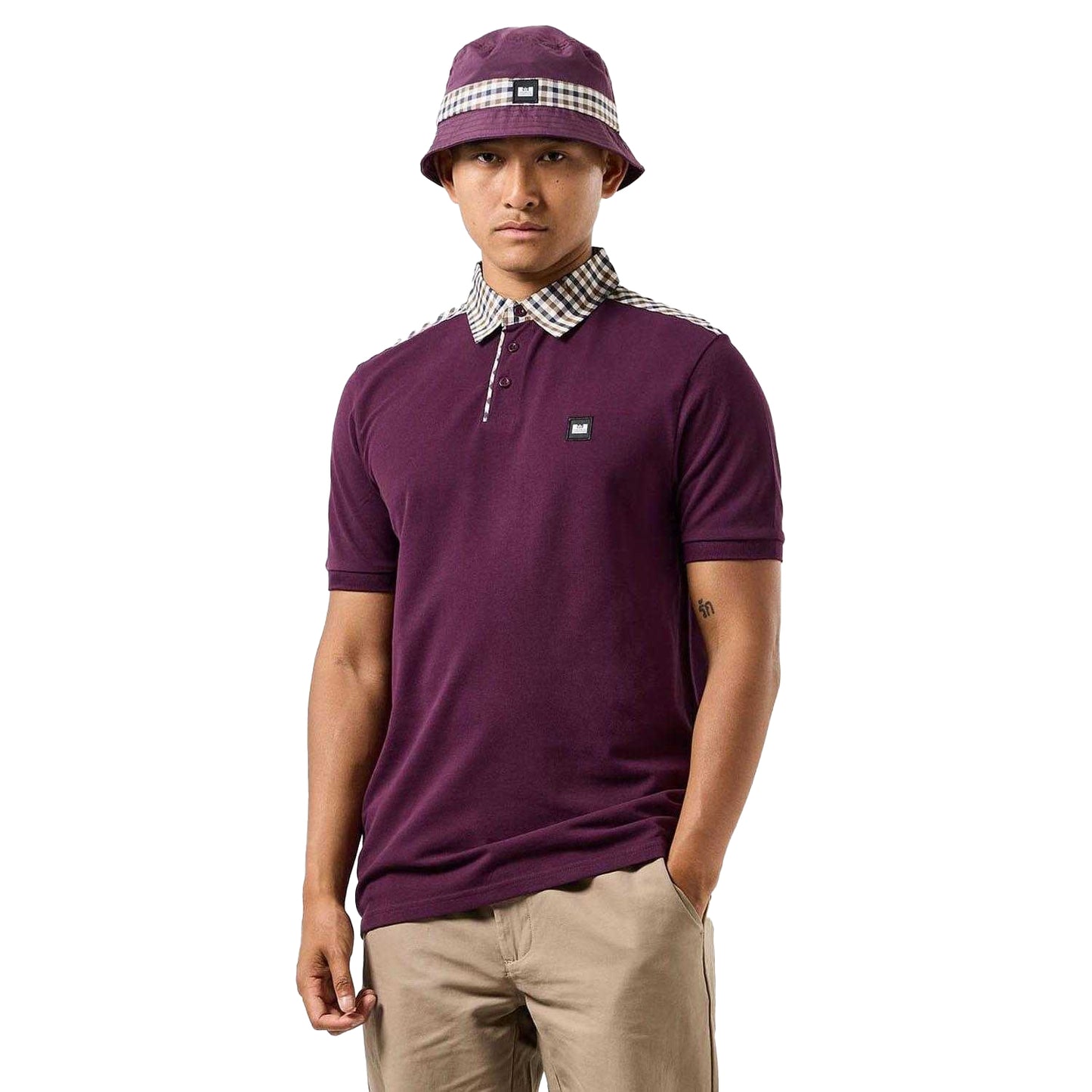 Berry - Pack Shot - Weekend Offender Mens Costa Checked Collar Polo Shirt