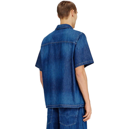 Dark Blue - Back - Diesel Mens Embroidered Denim Short Sleeved Shirt