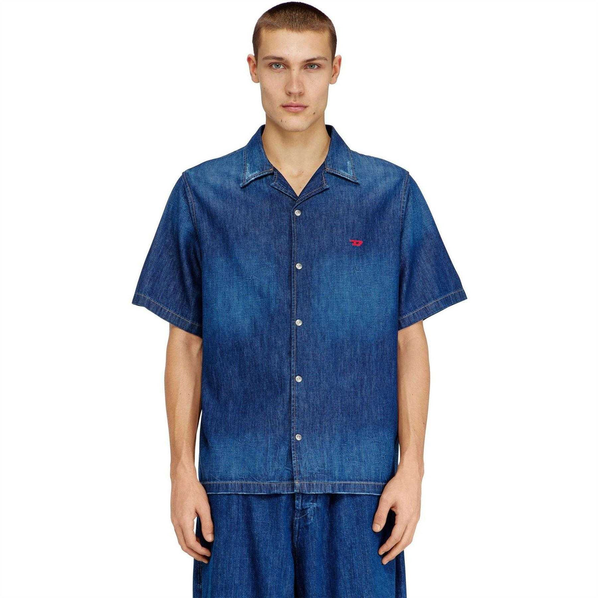 Dark Blue - Side - Diesel Mens Embroidered Denim Short Sleeved Shirt
