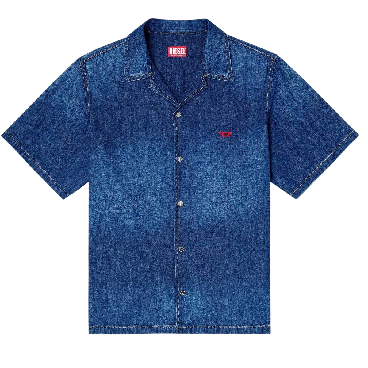Dark Blue - Front - Diesel Mens Embroidered Denim Short Sleeved Shirt