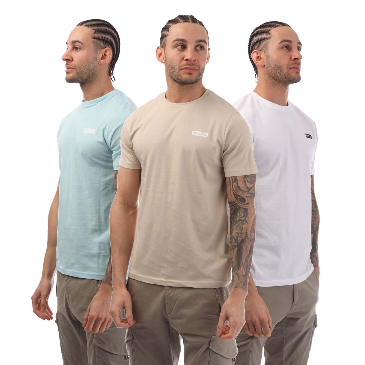 Blue-Beige-White - Front - Nicce Mens Krylbo T-Shirt (Pack of 3)