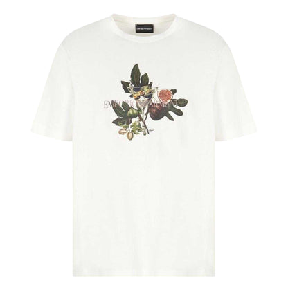 White - Front - Emporio Armani EA7 Mens Regular Fit Botanical Graphic Print Crew Neck Short Sleeved T-Shirt