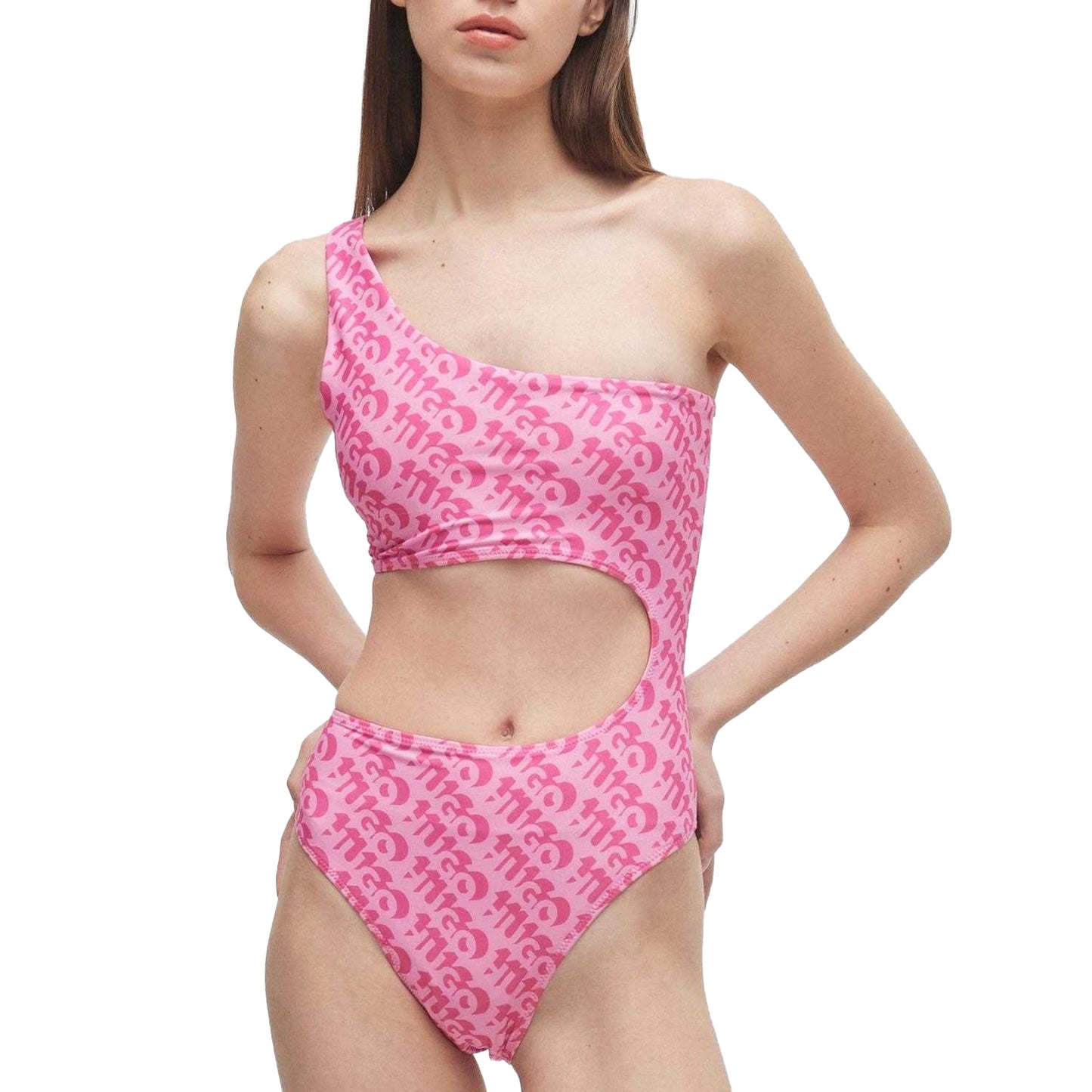 Pink - Side - Hugo Womens-Ladies Bonnie All Over Logo One Piece Swimsuit