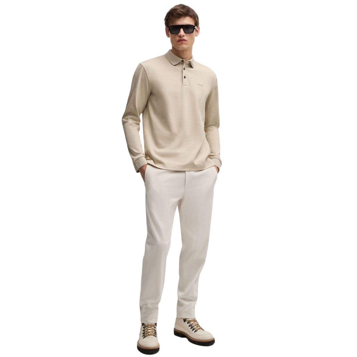Beige - Pack Shot - Boss Mens Pado 30 Interlock Long-Sleeved Polo Shirt