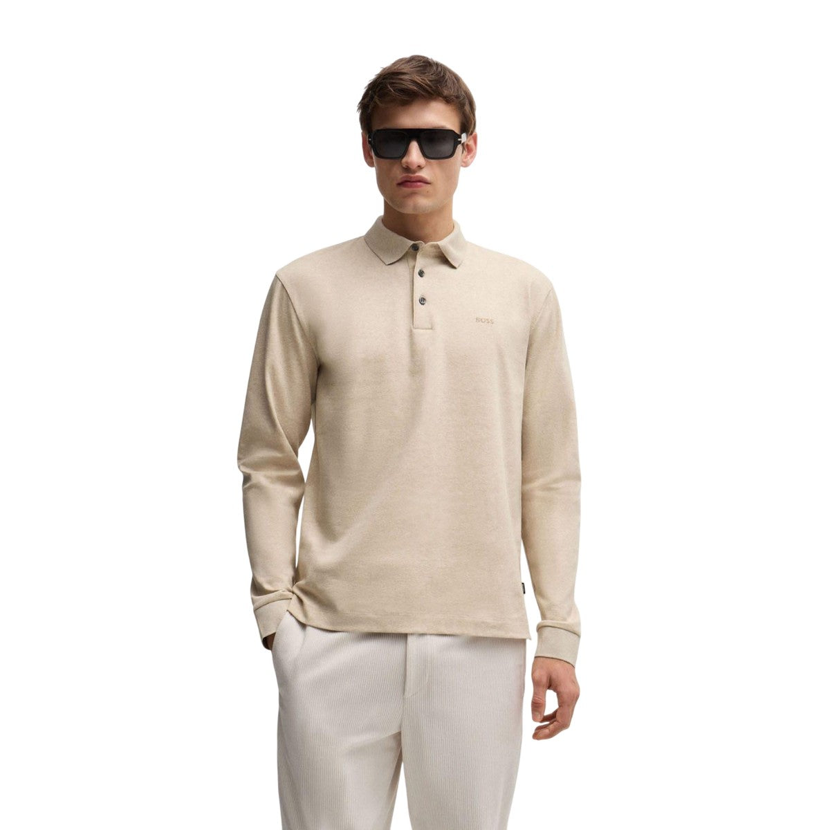 Beige - Lifestyle - Boss Mens Pado 30 Interlock Long-Sleeved Polo Shirt