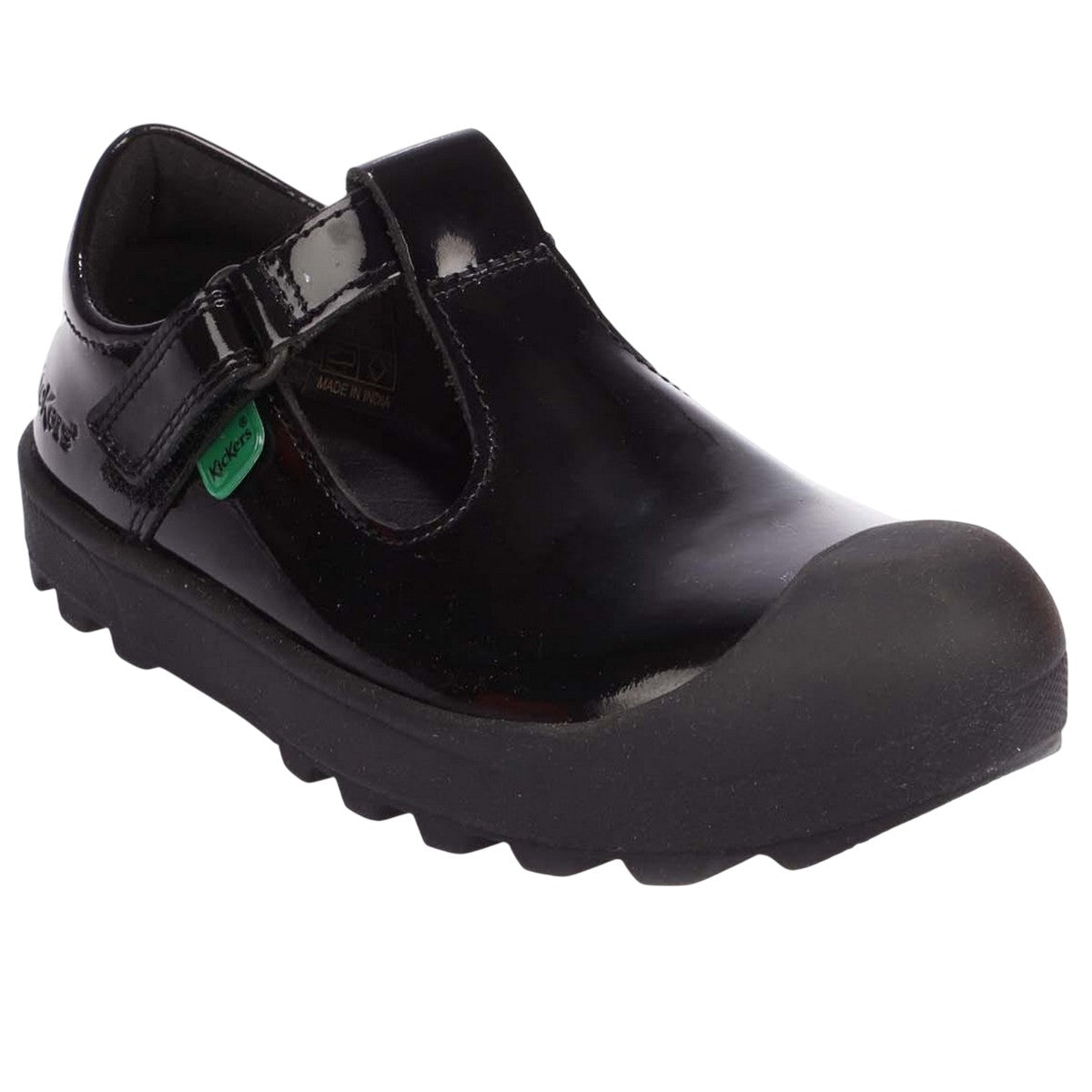 Black - Front - Kickers Childrens-Kids Plunk Coated Leather T-Bar School Shoes