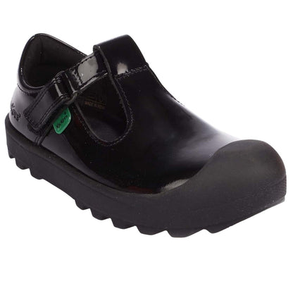 Black - Front - Kickers Childrens-Kids Plunk Coated Leather T-Bar School Shoes