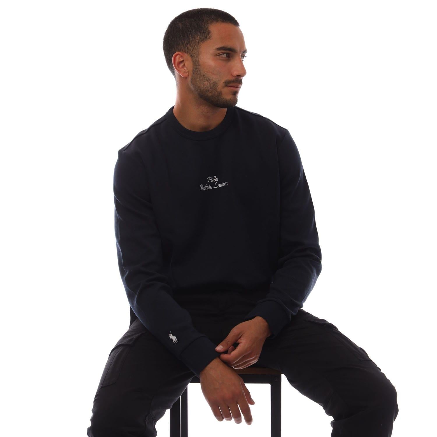 Navy - Side - Ralph Lauren Mens Embroidered Logo Knitted Sweatshirt