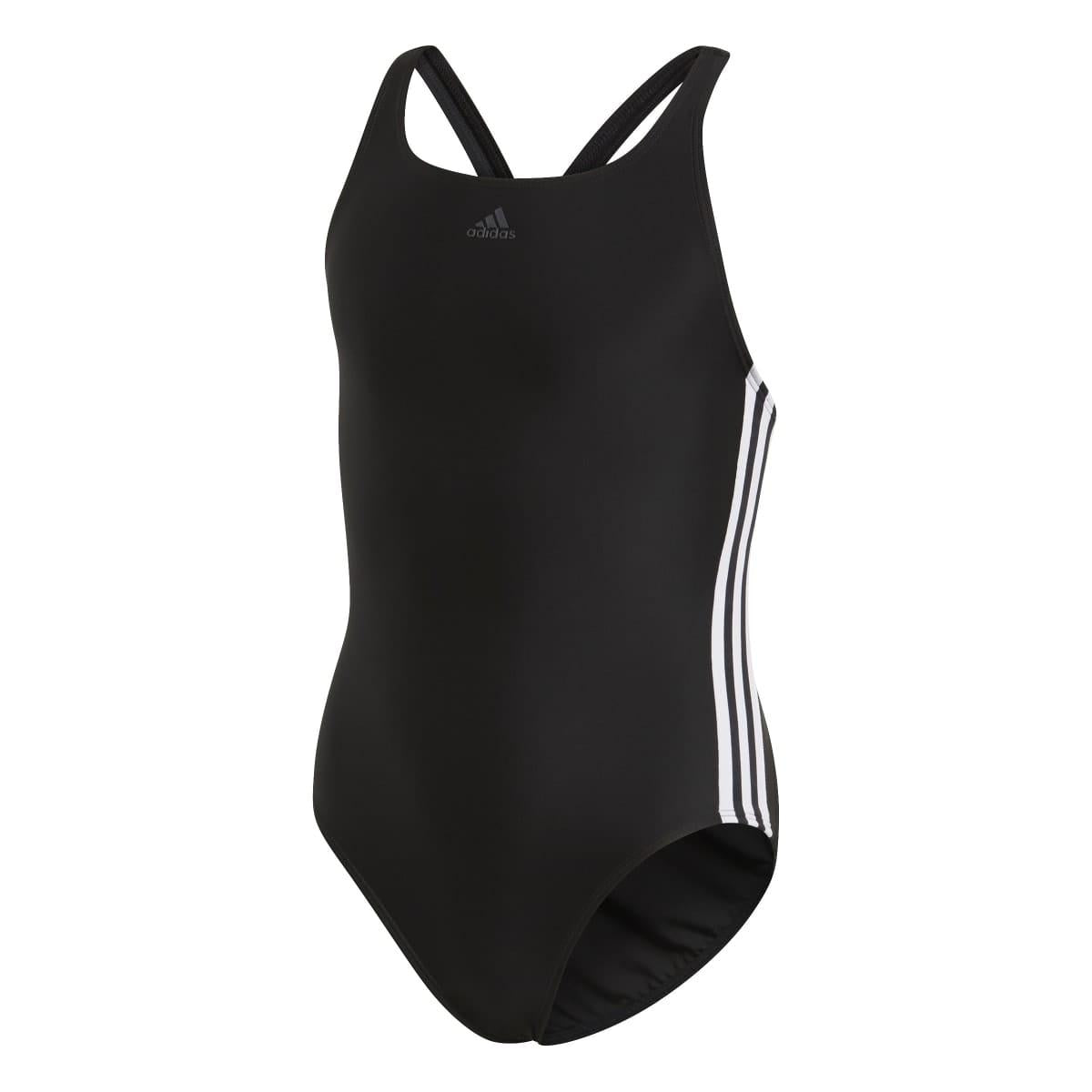 Black-White - Front - Adidas Girls Athly V Stripes One Piece Swimsuit