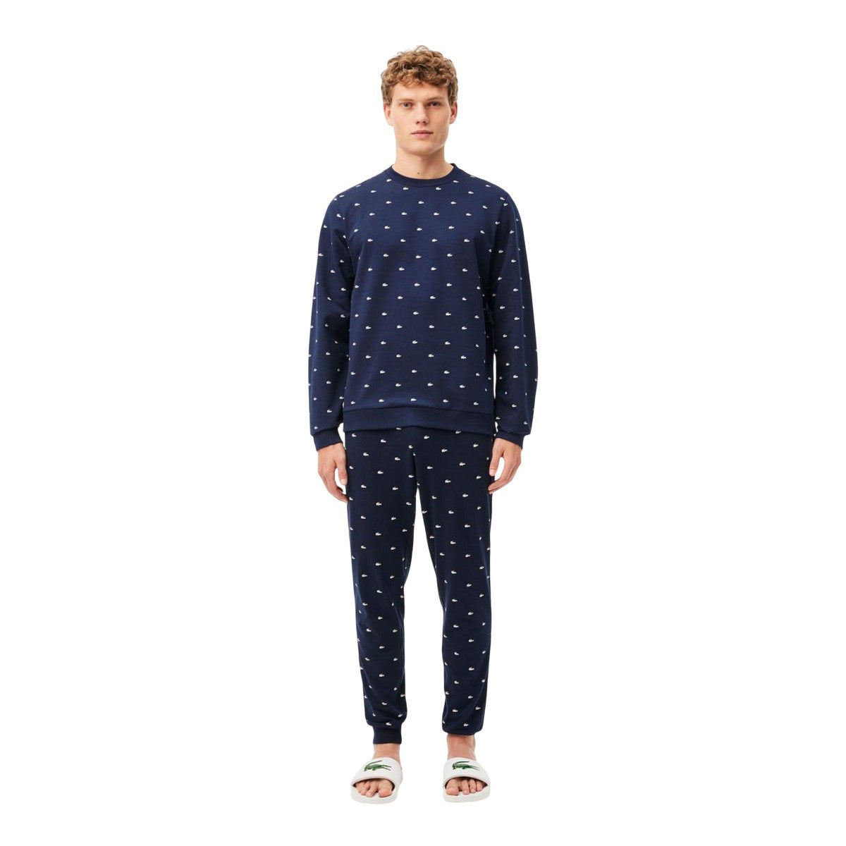 Navy-White - Pack Shot - Lacoste Mens Logo Lounge Sweatshirt