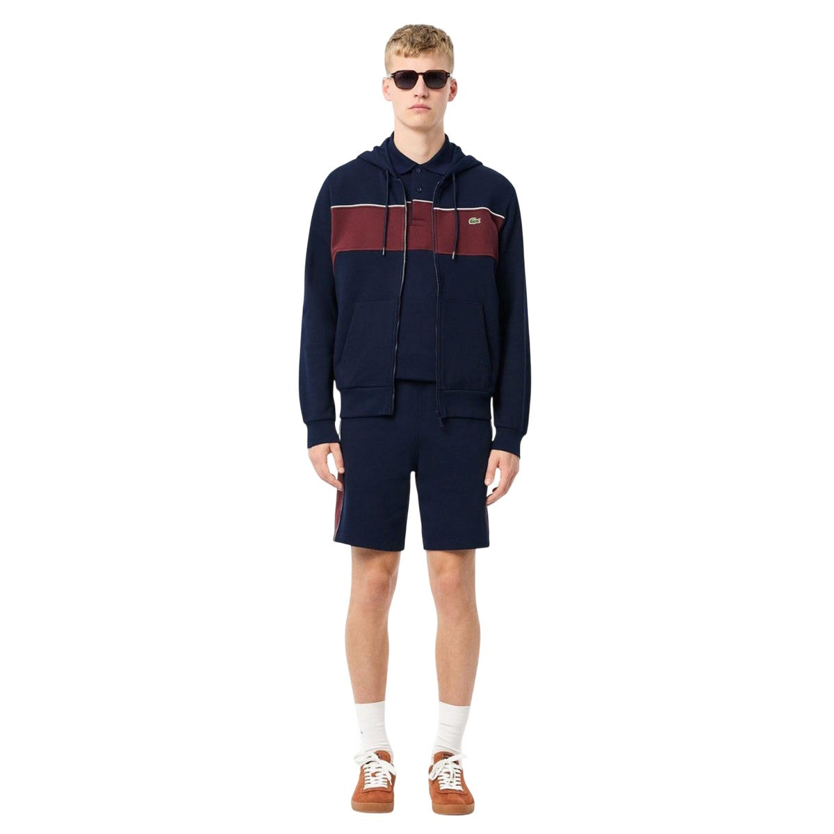 Navy-Red - Pack Shot - Lacoste Mens Colour Block Full Zip Hoodie