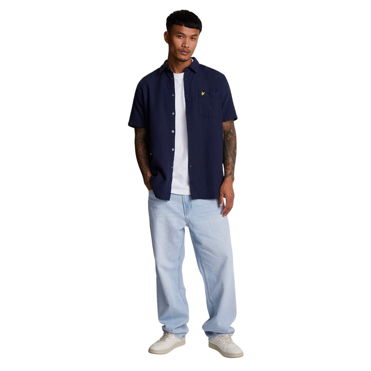 Navy - Pack Shot - Lyle & Scott Mens Basket Weave Short-Sleeved Shirt