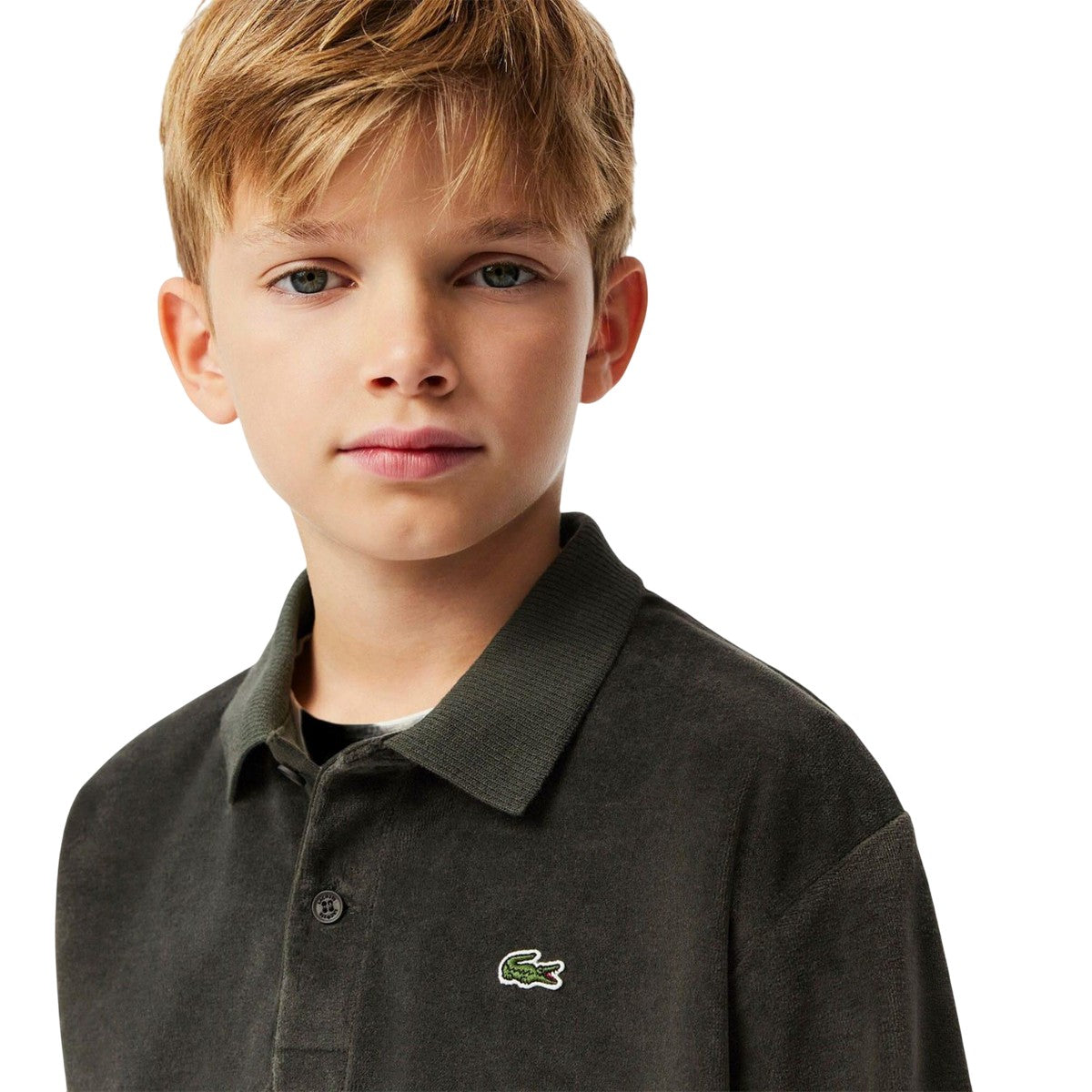 Green - Side - Lacoste Childrens-Kids Velour Long-Sleeved Polo Shirt