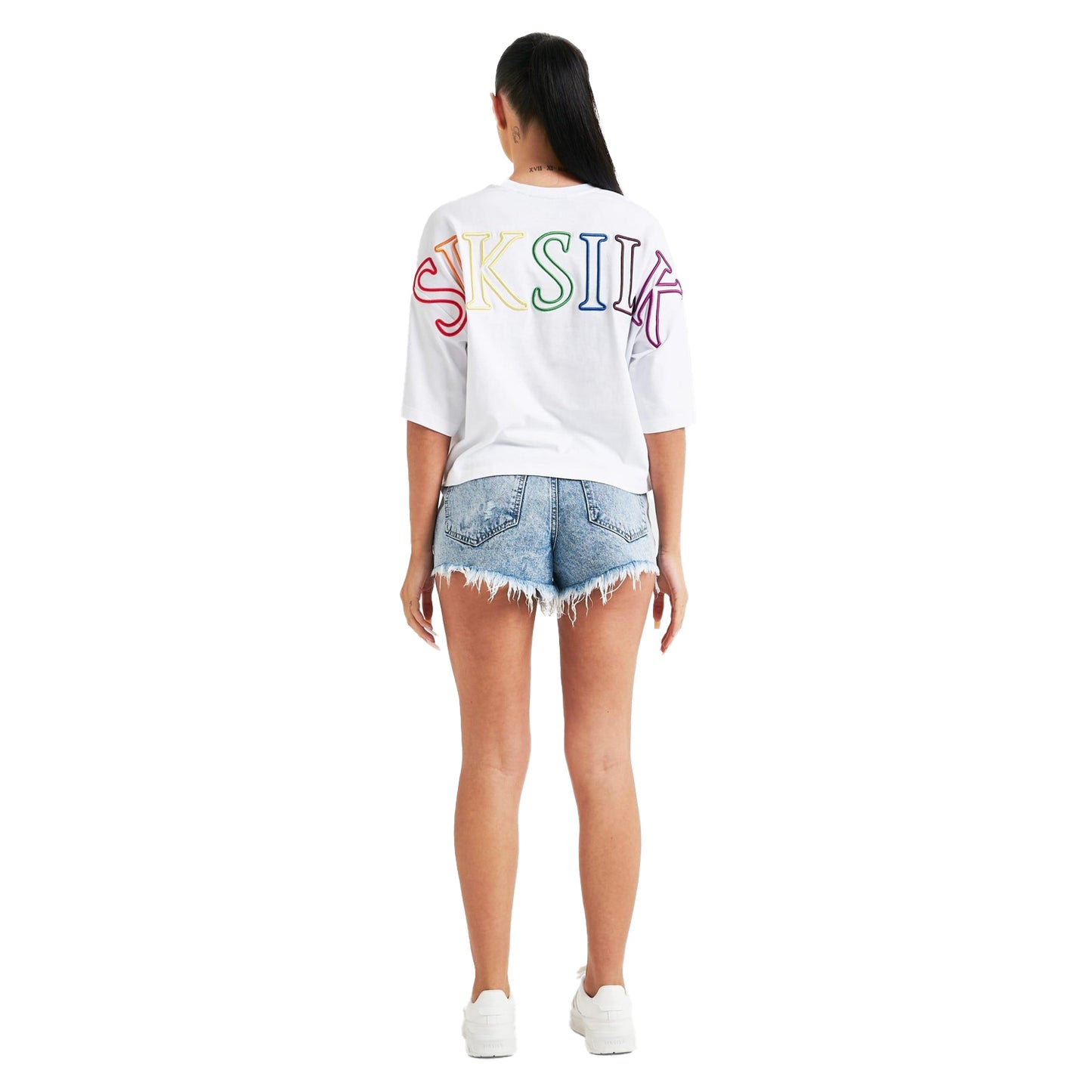 White - Back - SikSilk Womens-Ladies Branded Crop T-Shirt